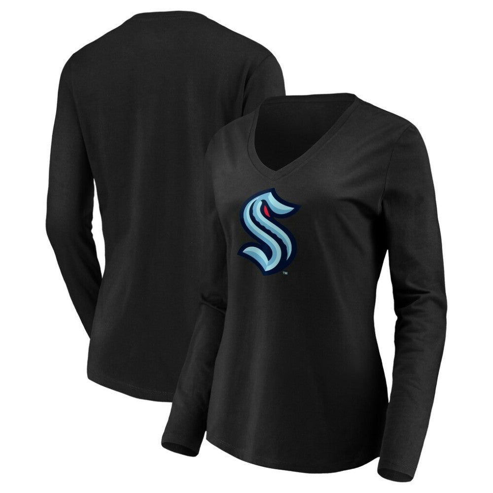 NHL Black Seattle Kraken Women's Primary Logo V-Neck Long Sleeve T-Shirt