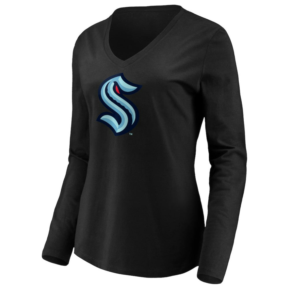 NHL Black Seattle Kraken Women's Primary Logo V-Neck Long Sleeve T-Shirt