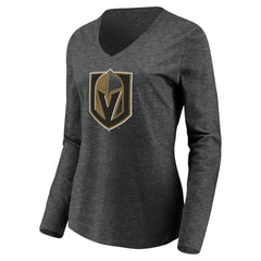 NHL Charcoal Vegas Golden Knights Women's Primary Logo V-Neck Long Sleeve T-Shirt