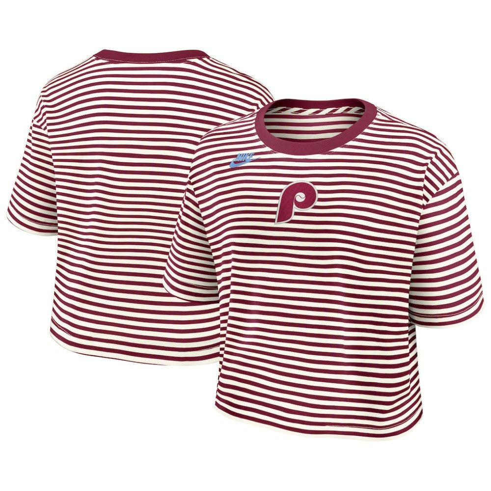 MLB Philadelphia Phillies Nike Women's Cooperstown Collection Striped Cropped T-Shirt