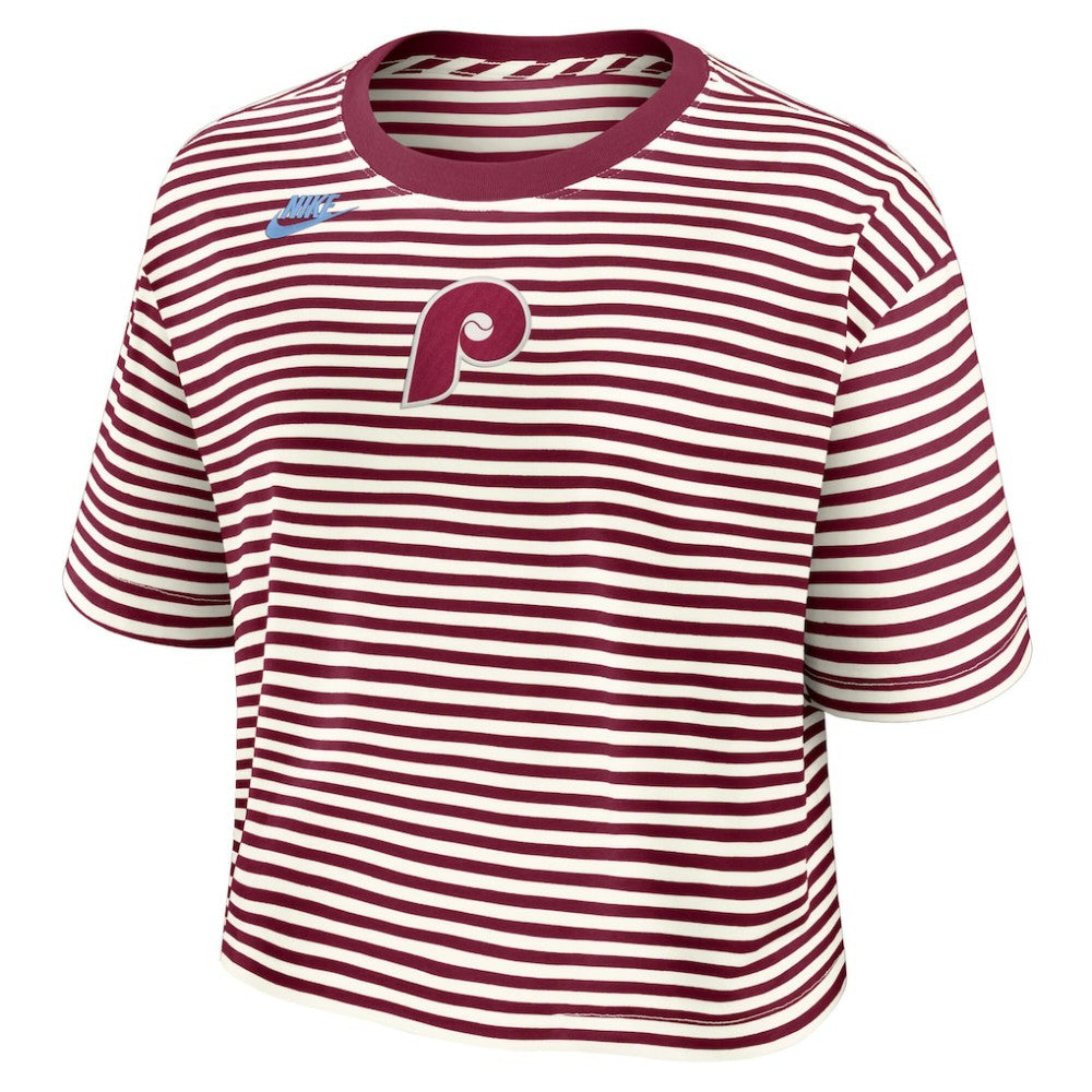 MLB Philadelphia Phillies Nike Women's Cooperstown Collection Striped Cropped T-Shirt