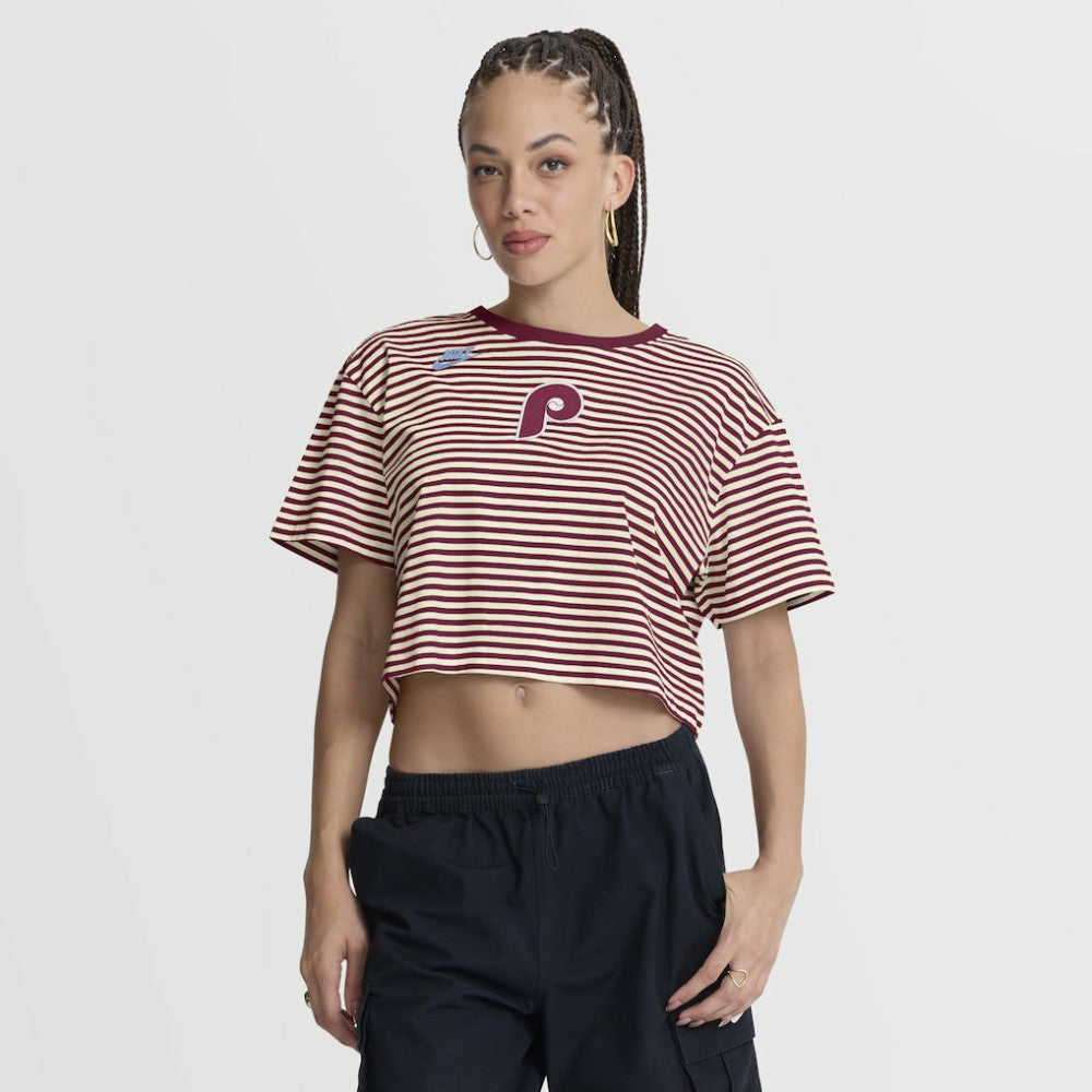 MLB Philadelphia Phillies Nike Women's Cooperstown Collection Striped Cropped T-Shirt