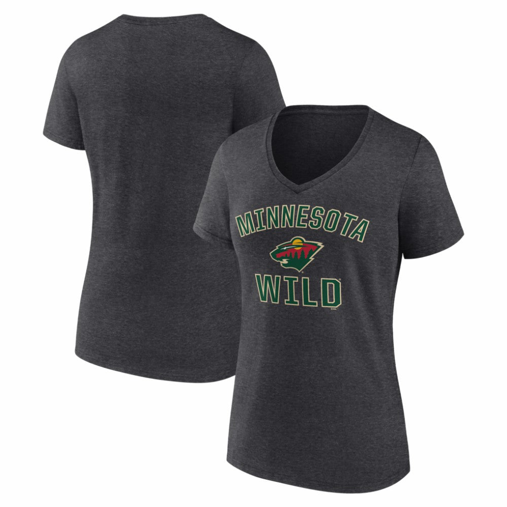 NHL Heather Charcoal Minnesota Wild Logo Athletic Women's Arch Victory V-Neck T-Shirt