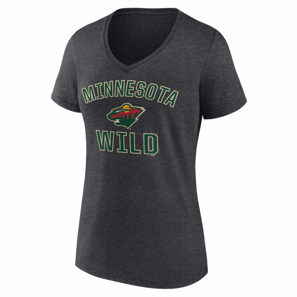 NHL Heather Charcoal Minnesota Wild Logo Athletic Women's Arch Victory V-Neck T-Shirt