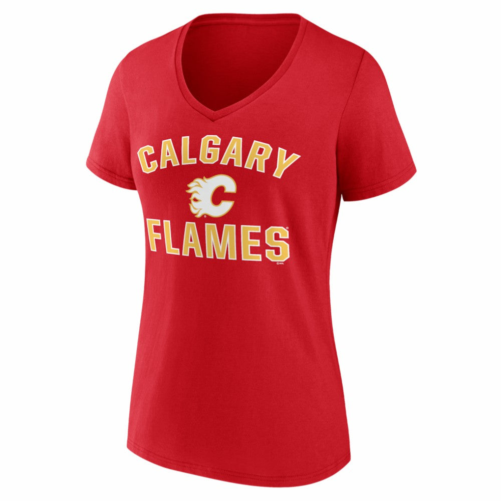 NHL Red Calgary Flames Logo Athletic Women's Arch Victory V-Neck T-Shirt