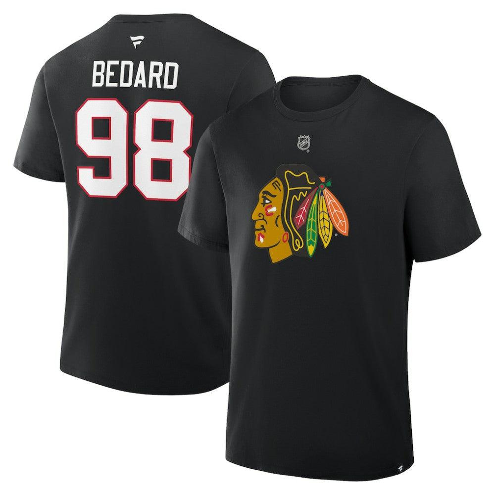 NHL Black Connor Bedard Chicago Blackhawks Fanatics Authentic Stack Name & Number T-Shirt