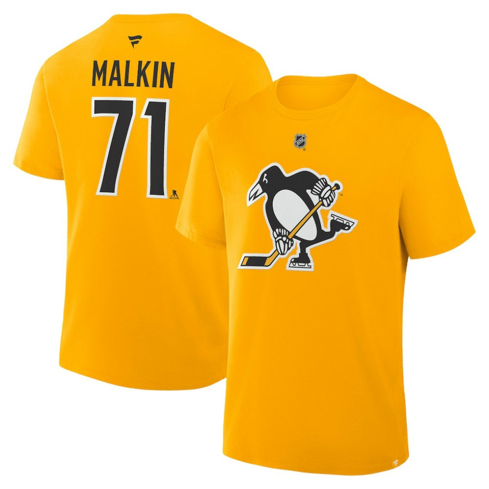 NHL Gold Evgeni Malkin Pittsburgh Penguins Fanatics Authentic Stack Name & Number T-Shirt
