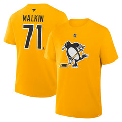 NHL Gold Evgeni Malkin Pittsburgh Penguins Fanatics Authentic Stack Name & Number T-Shirt