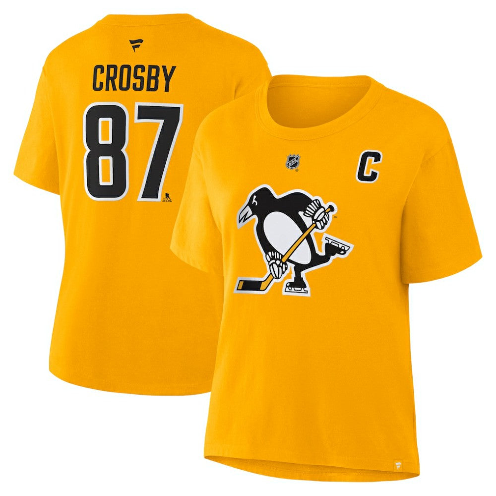 NHL Gold Sidney Crosby Pittsburgh Penguins Fanatics Women's Authentic Stack Name & Number T-Shirt