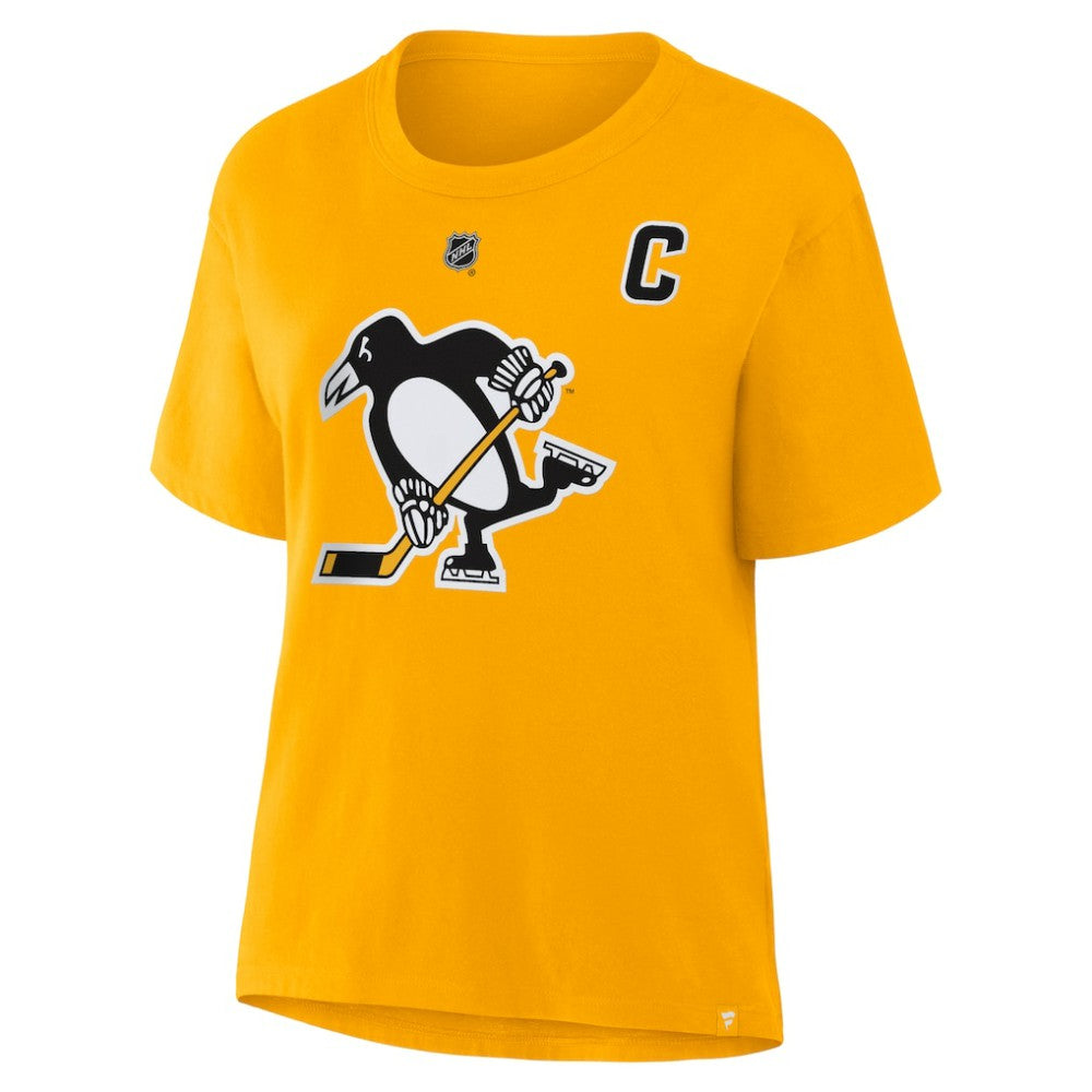 NHL Gold Sidney Crosby Pittsburgh Penguins Fanatics Women's Authentic Stack Name & Number T-Shirt