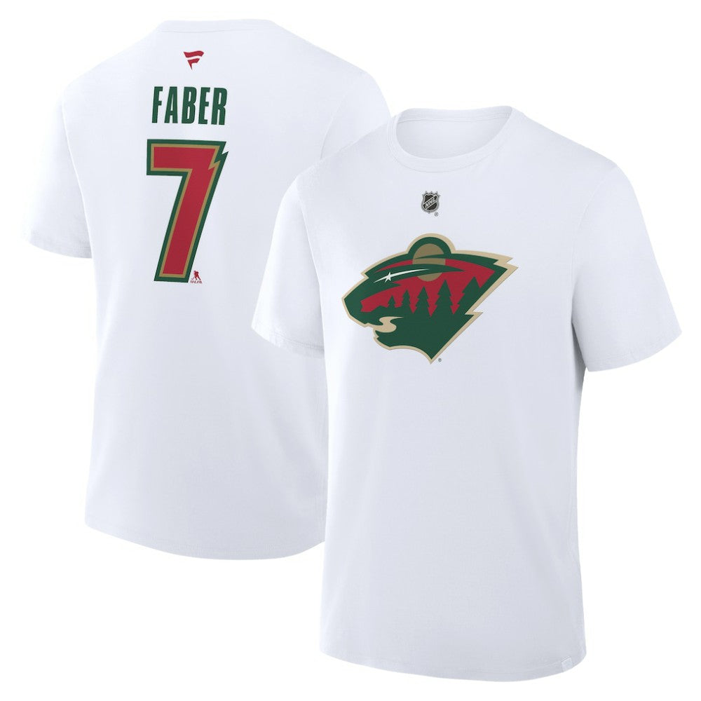 NHL White Brock Faber Minnesota Wild Fanatics Authentic Stack Name & Number T-Shirt