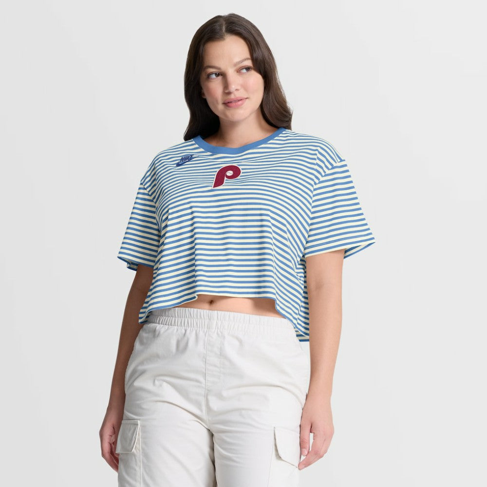 MLB Philadelphia Phillies Nike Women's Cooperstown Collection Striped Cropped T-Shirt