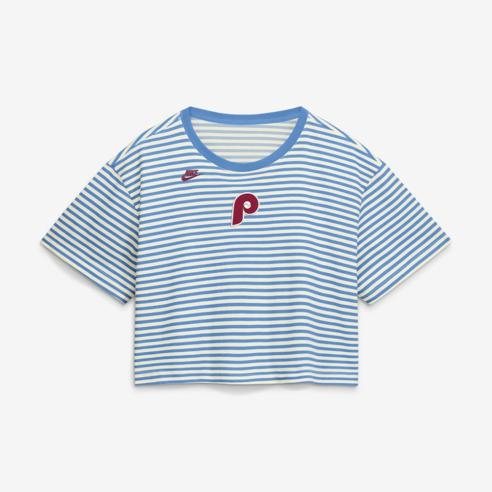 MLB Philadelphia Phillies Nike Women's Cooperstown Collection Striped Cropped T-Shirt
