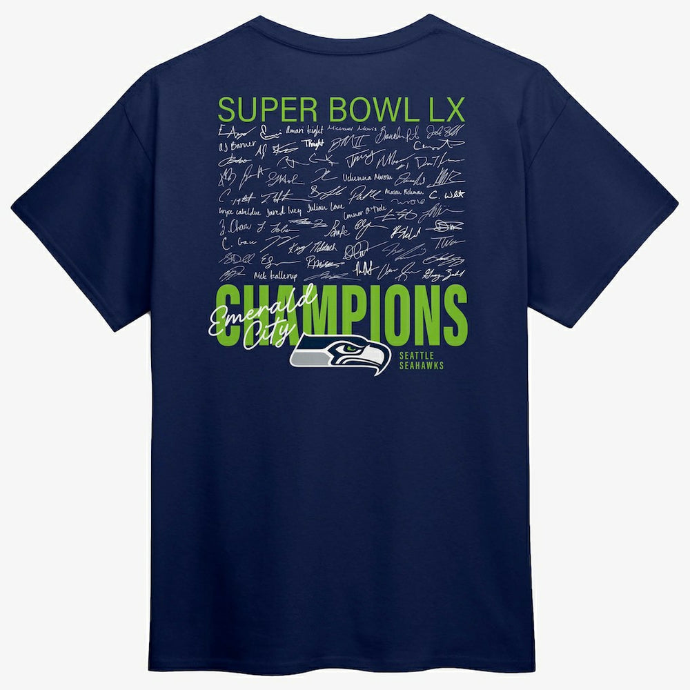 Super Bowl LX Champions Autograph Signing Roster T-Shirt - Seattle Seahawks