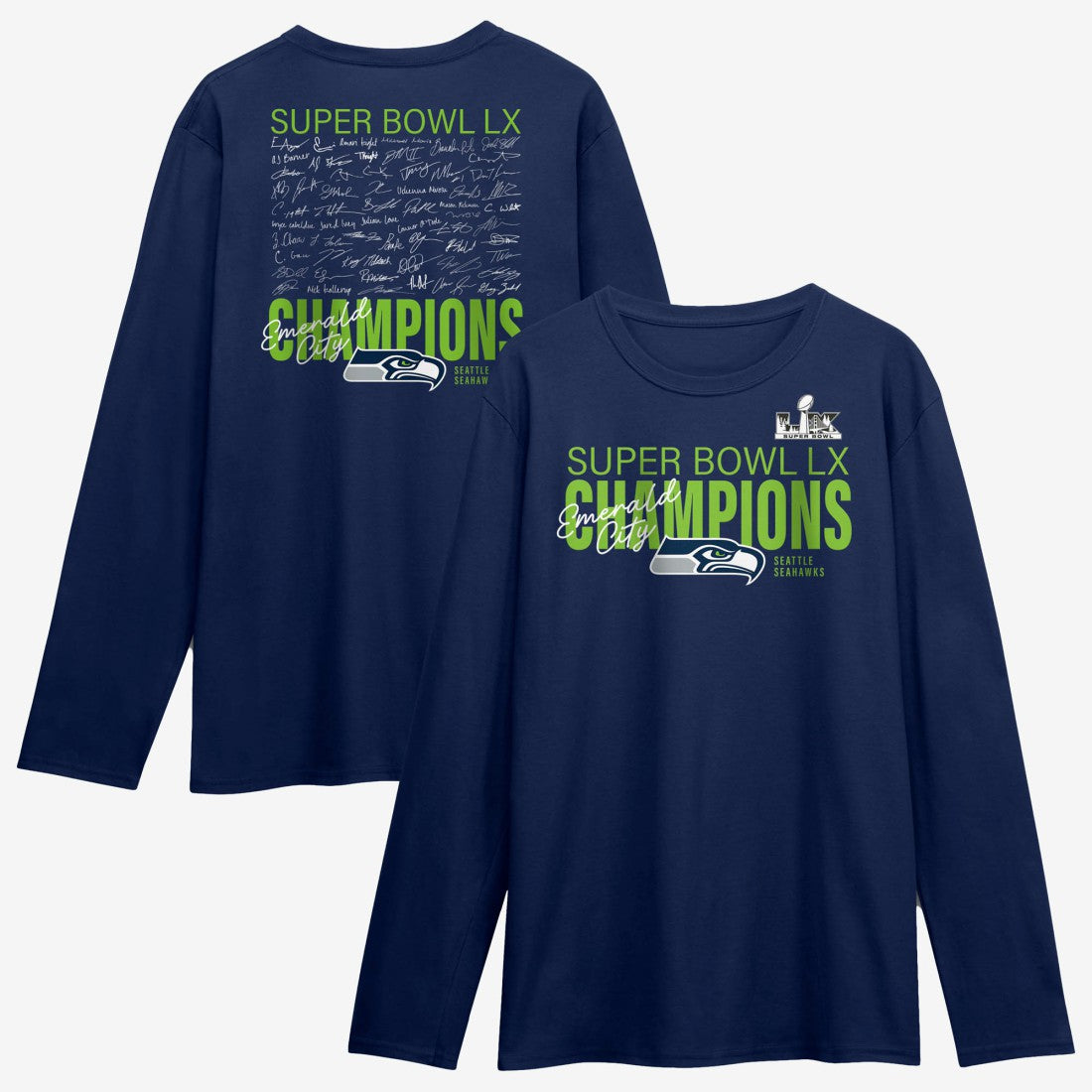 Super Bowl LX Champions Autograph Signing Long Sleeve Roster T-Shirt - Seattle Seahawks