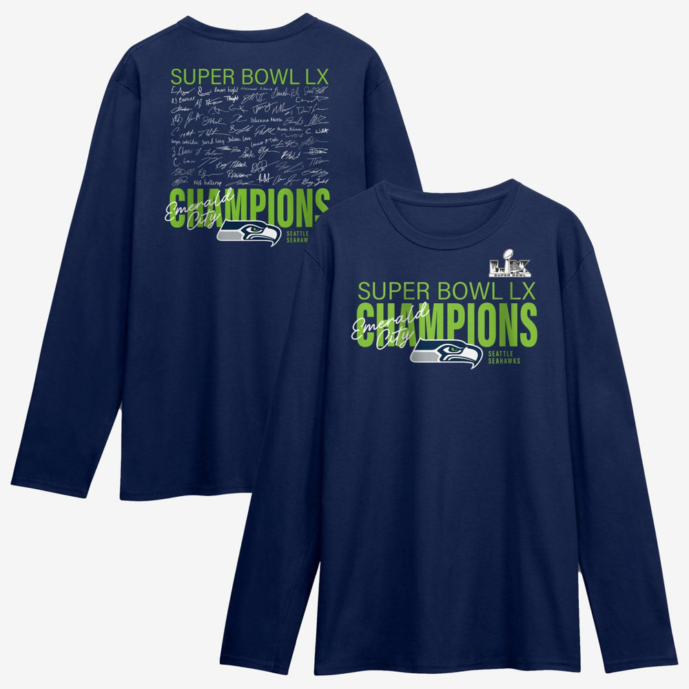 Super Bowl LX Champions Autograph Signing Long Sleeve Roster T-Shirt - Seattle Seahawks
