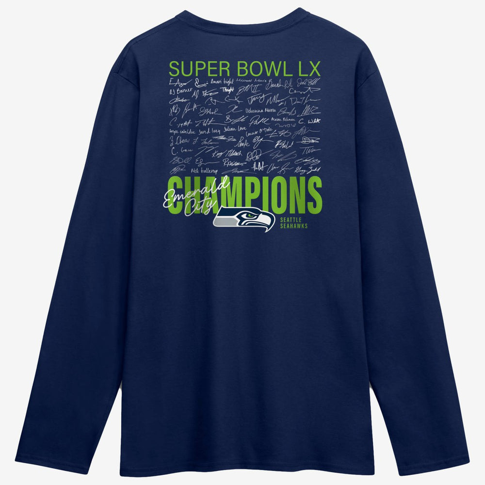 Super Bowl LX Champions Autograph Signing Long Sleeve Roster T-Shirt - Seattle Seahawks