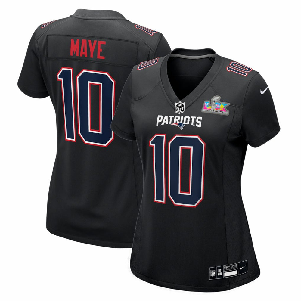 Drake Maye  Women's Super Bowl LX Patch Carbon Fashion Game Jersey - New England Patriots