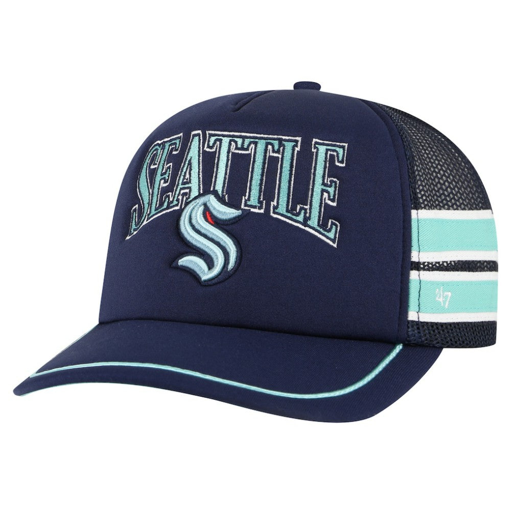 NHL Deep Sea Blue Seattle Kraken '47 Sideband Stripes Trucker Snapback Hat