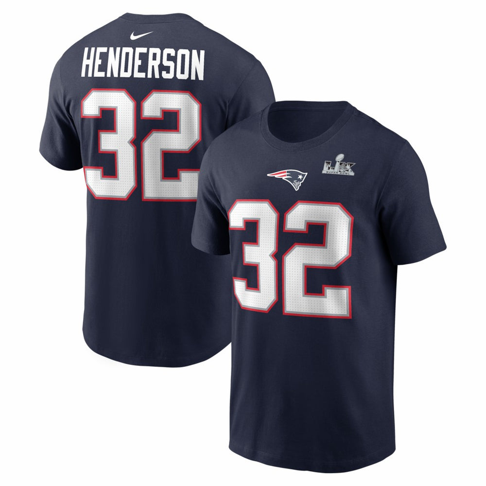 TreVeyon Henderson  Super Bowl LX Patch Name & Number T-Shirt - New England Patriots