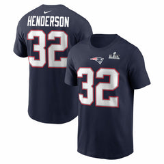 TreVeyon Henderson  Super Bowl LX Patch Name & Number T-Shirt - New England Patriots