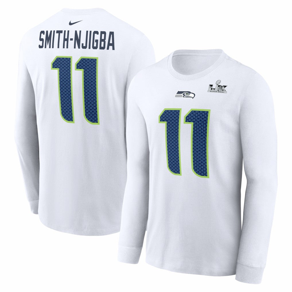 Jaxon Smith-Njigba  Super Bowl LX Champions Patch Name & Number Long Sleeve T-Shirt - Seattle Seahawks