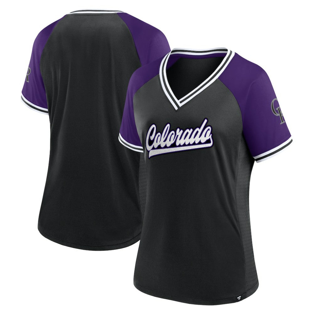MLB Colorado Rockies Fanatics Women's Glitz & Glam League Diva Raglan V-Neck T-Shirt