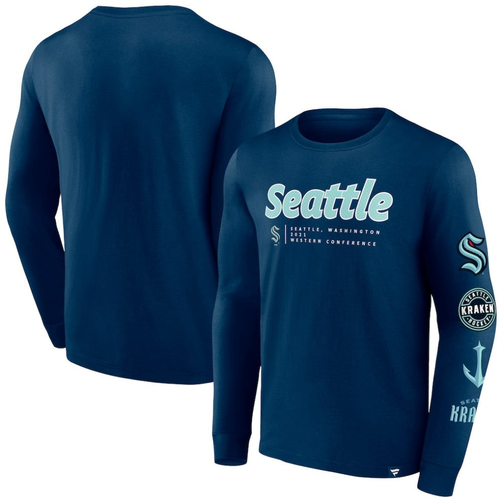 NHL Deep Sea Blue Seattle Kraken Fanatics Strike the Goal Long Sleeve T-Shirt