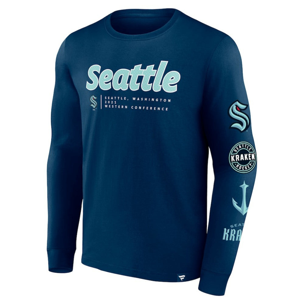 NHL Deep Sea Blue Seattle Kraken Fanatics Strike the Goal Long Sleeve T-Shirt