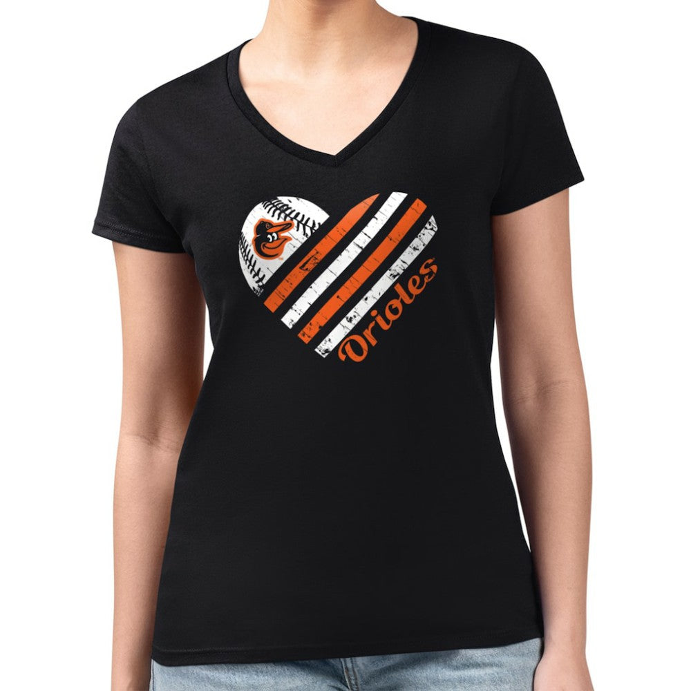 MLB Baltimore Orioles G-III 4Her by Carl Banks Women's Super-Slim Fit Lightweight Heart V-Neck T-Shirt