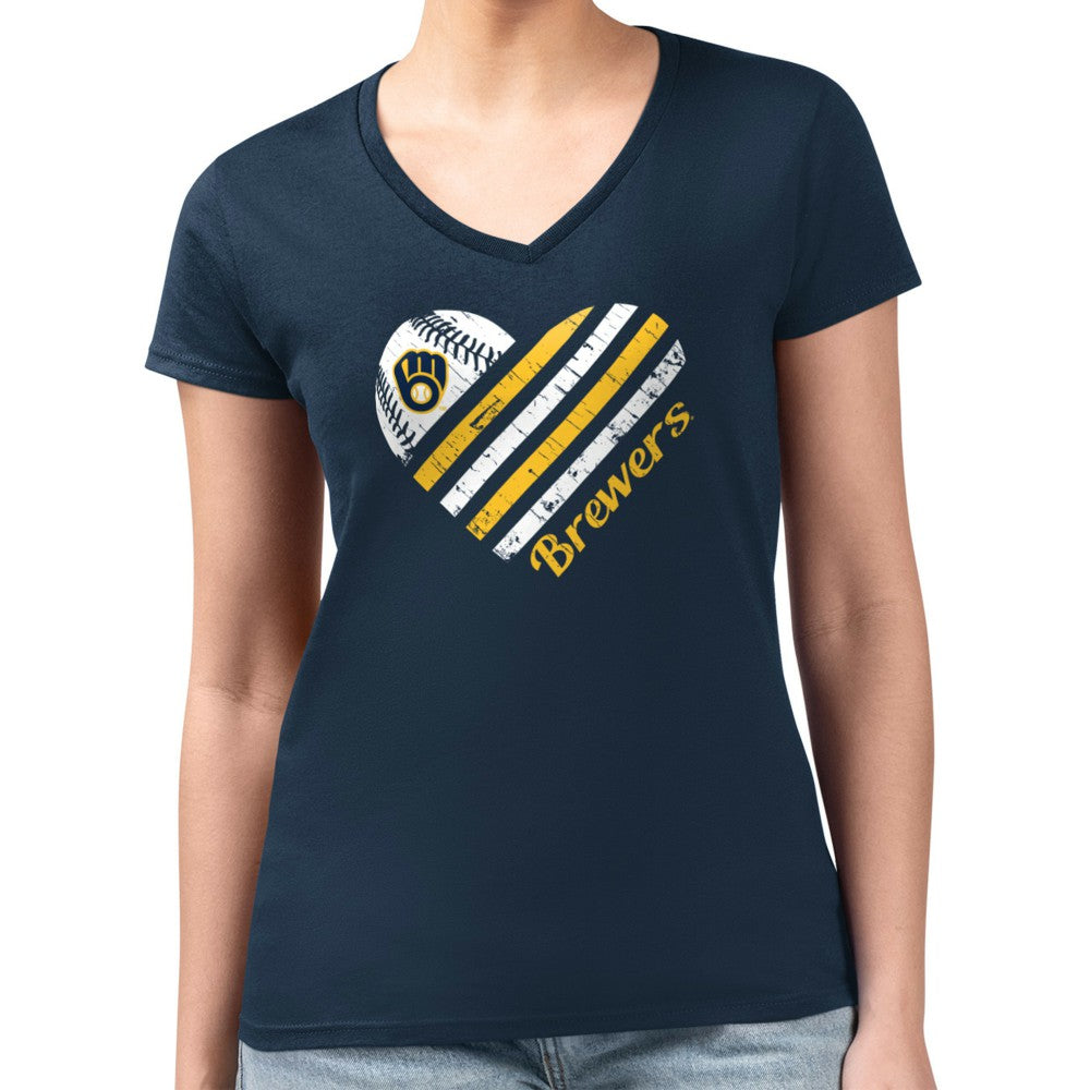 MLB Milwaukee Brewers G-III 4Her by Carl Banks Women's Super-Slim Fit Lightweight Heart V-Neck T-Shirt