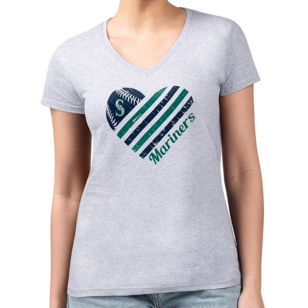 MLB Seattle Mariners G-III 4Her by Carl Banks Women's Super-Slim Fit Lightweight Heart V-Neck T-Shirt