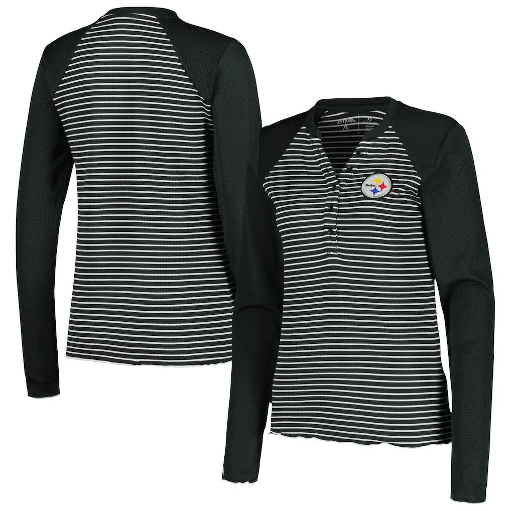 Antigua Women's Maverick Waffle Henley Long Sleeve T-Shirt - Pittsburgh Steelers