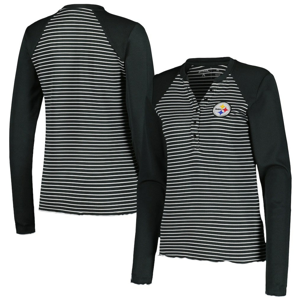 Antigua Women's Maverick Waffle Henley Long Sleeve T-Shirt - Pittsburgh Steelers