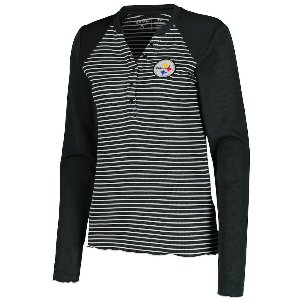 Antigua Women's Maverick Waffle Henley Long Sleeve T-Shirt - Pittsburgh Steelers