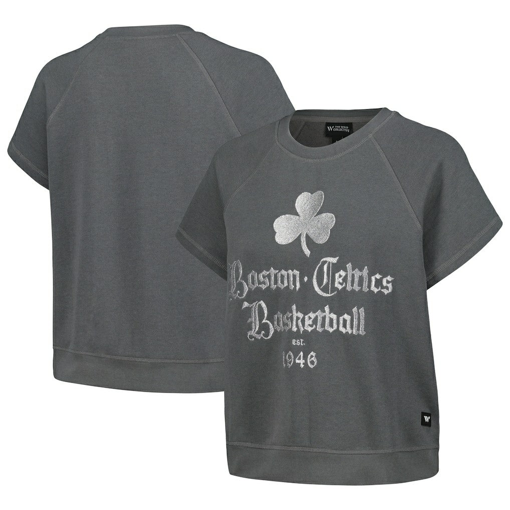 NBA Boston Celtics The Wild Collective Women's Embroidered Fleece Raglan Short Sleeve Pullover Sweatshirt
