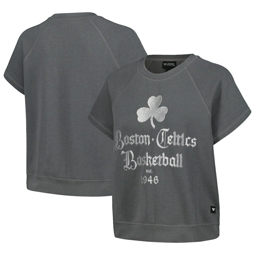 NBA Boston Celtics The Wild Collective Women's Embroidered Fleece Raglan Short Sleeve Pullover Sweatshirt