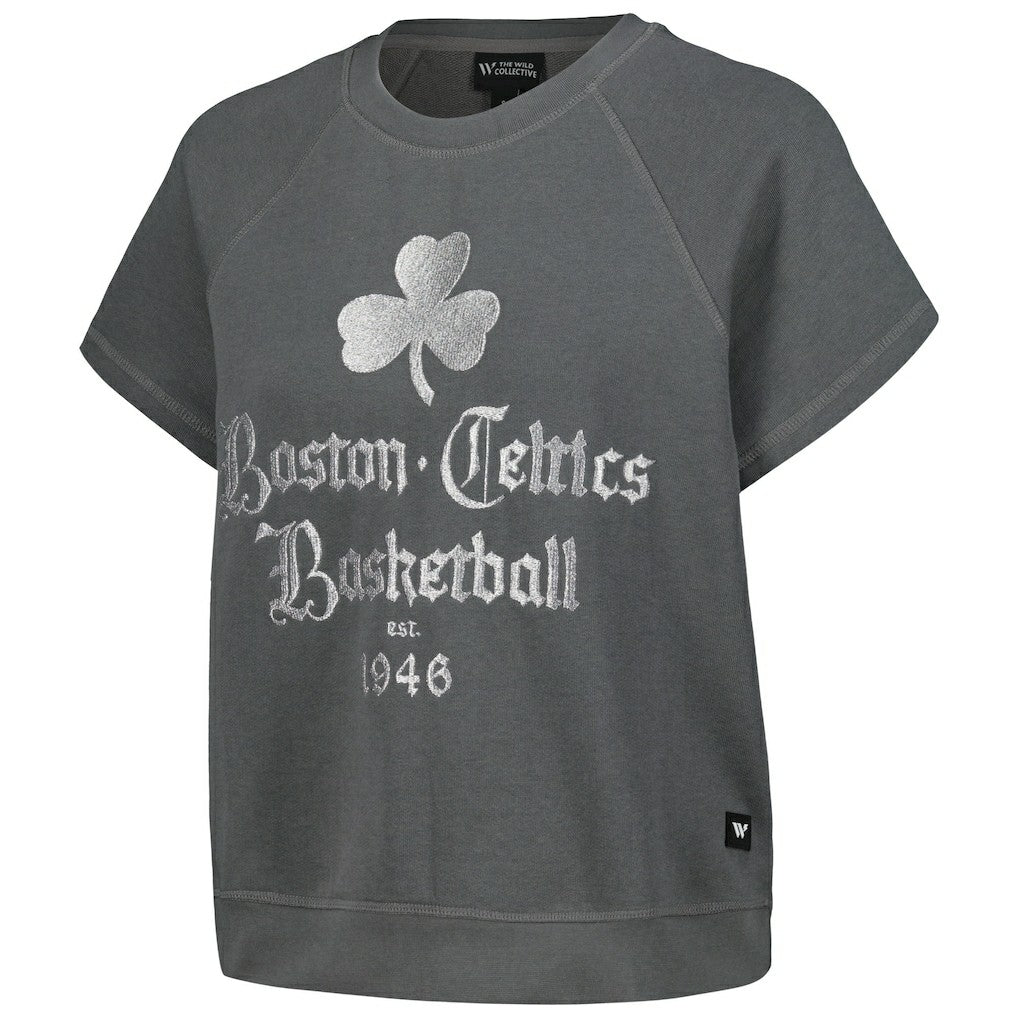 NBA Boston Celtics The Wild Collective Women's Embroidered Fleece Raglan Short Sleeve Pullover Sweatshirt