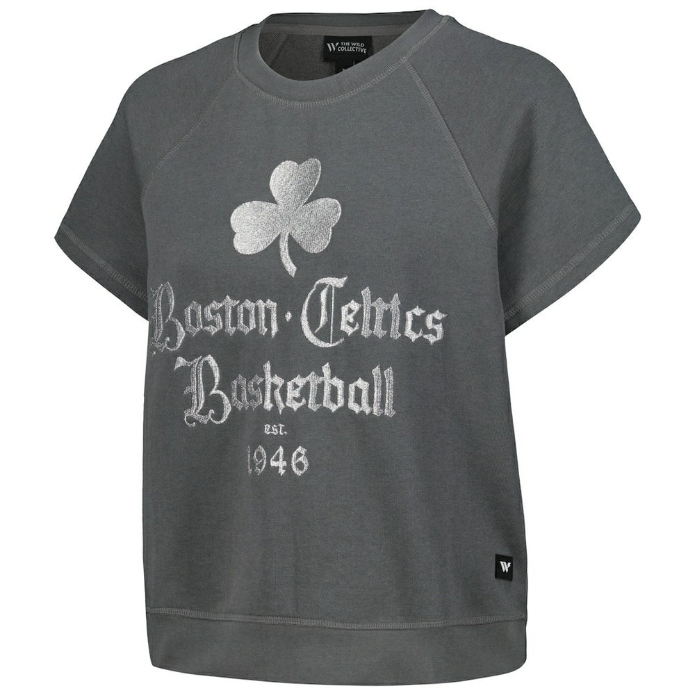 NBA Boston Celtics The Wild Collective Women's Embroidered Fleece Raglan Short Sleeve Pullover Sweatshirt