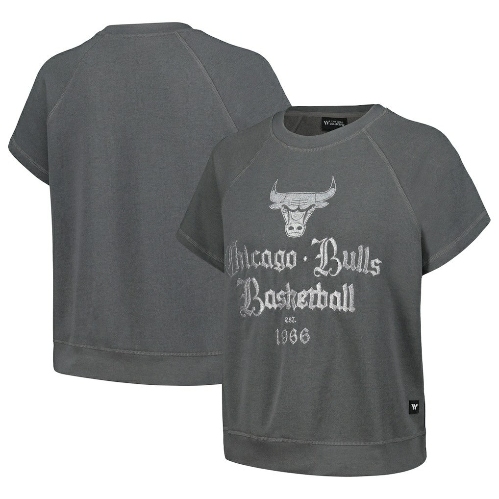 NBA Chicago Bulls The Wild Collective Women's Embroidered Fleece Raglan Short Sleeve Pullover Sweatshirt sale