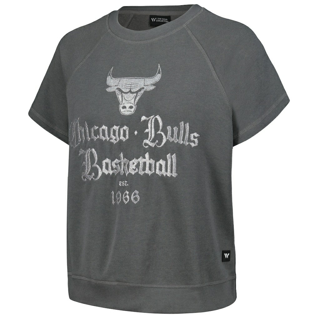 NBA Chicago Bulls The Wild Collective Women's Embroidered Fleece Raglan Short Sleeve Pullover Sweatshirt sale