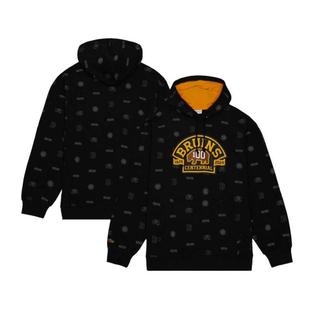 NHL Black Boston Bruins Mitchell & Ness 100th Anniversary Allover Print Pullover Hoodie
