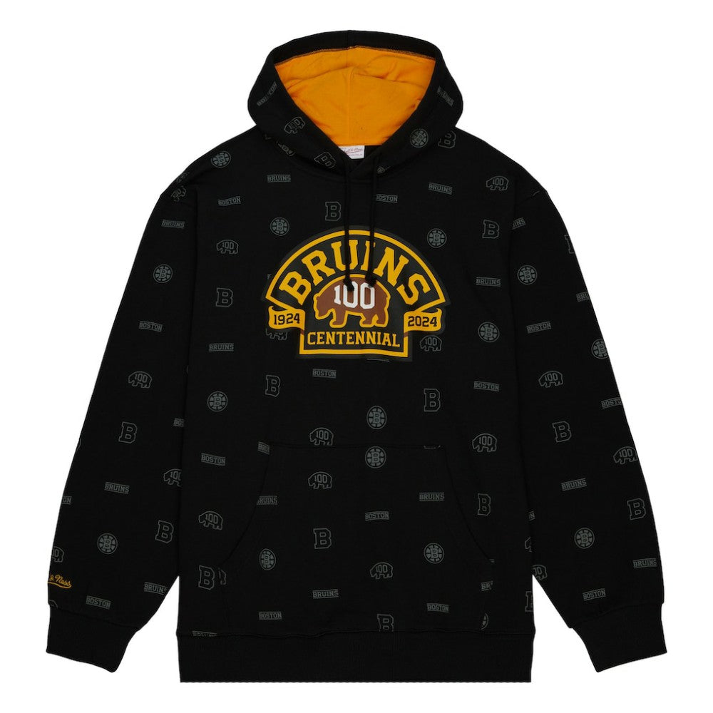 NHL Black Boston Bruins Mitchell & Ness 100th Anniversary Allover Print Pullover Hoodie
