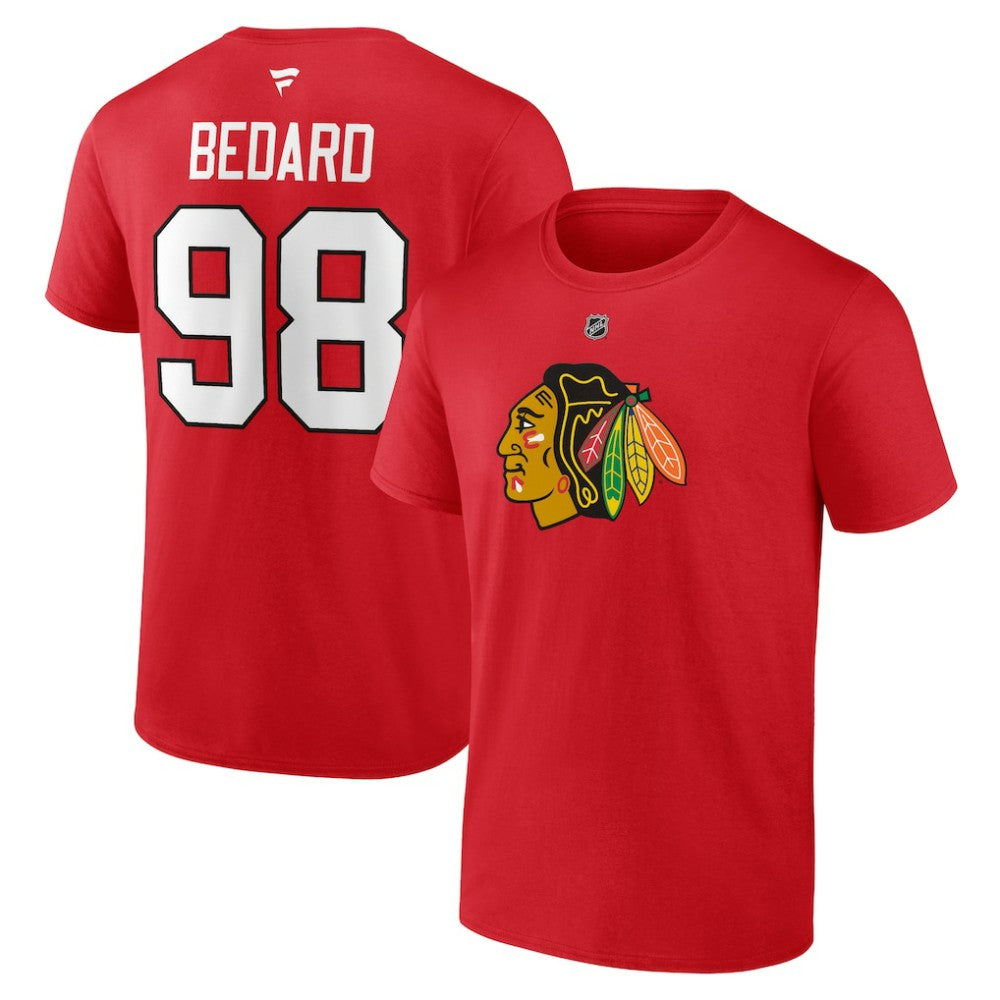 NHL Red Connor Bedard Chicago Blackhawks Fanatics Authentic Stack Name & Number T-Shirt