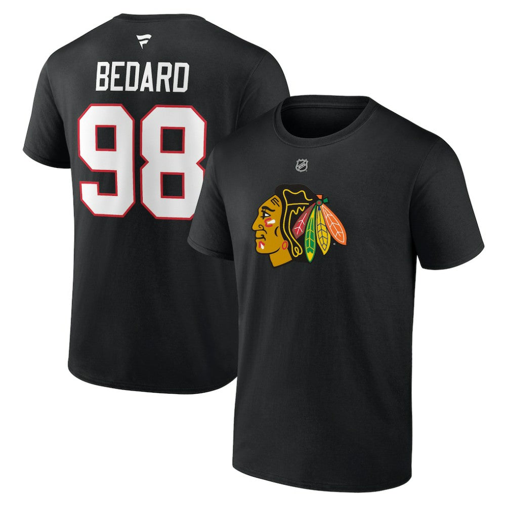 NHL Black Connor Bedard Chicago Blackhawks Fanatics Authentic Stack Name & Number T-Shirt