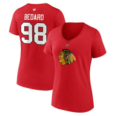 NHL Red Connor Bedard Chicago Blackhawks Fanatics Women's Authentic Stack Name & Number V-Neck T-Shirt