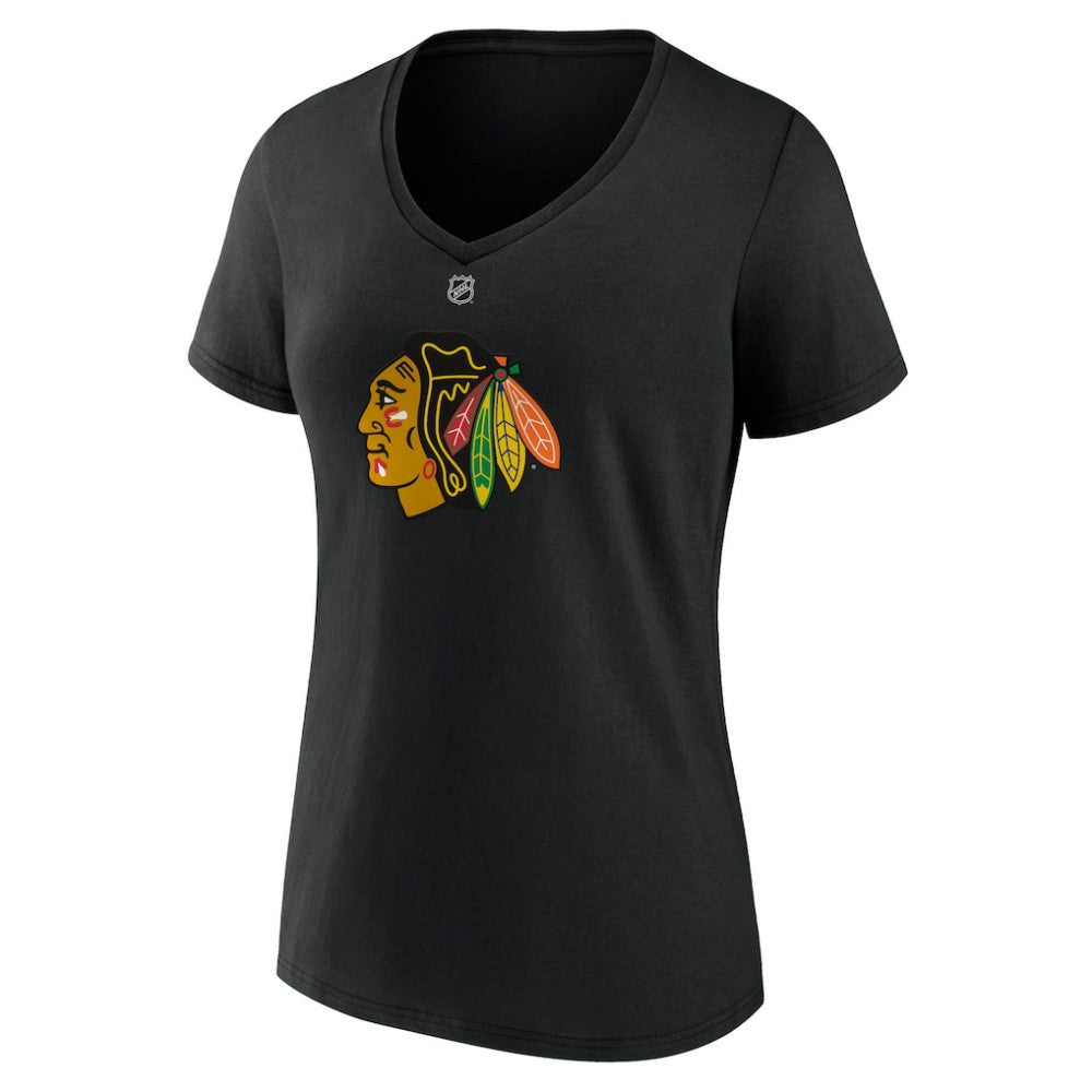 NHL Black Connor Bedard Chicago Blackhawks Fanatics Women's Authentic Stack Name & Number V-Neck T-Shirt
