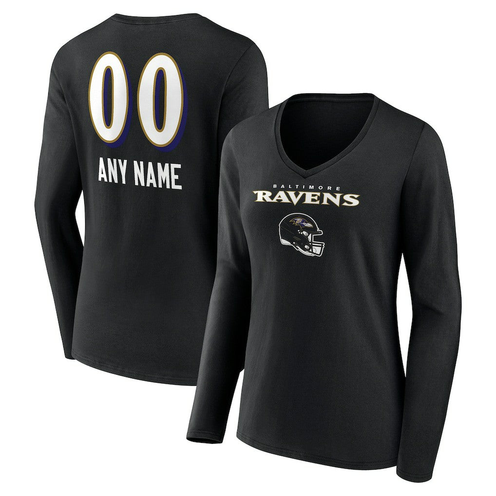Women's Personalized Name & Number Team Wordmark Long Sleeve V-Neck T-Shirt - Baltimore Ravens