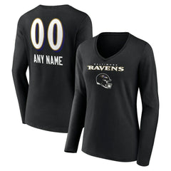 Women's Personalized Name & Number Team Wordmark Long Sleeve V-Neck T-Shirt - Baltimore Ravens
