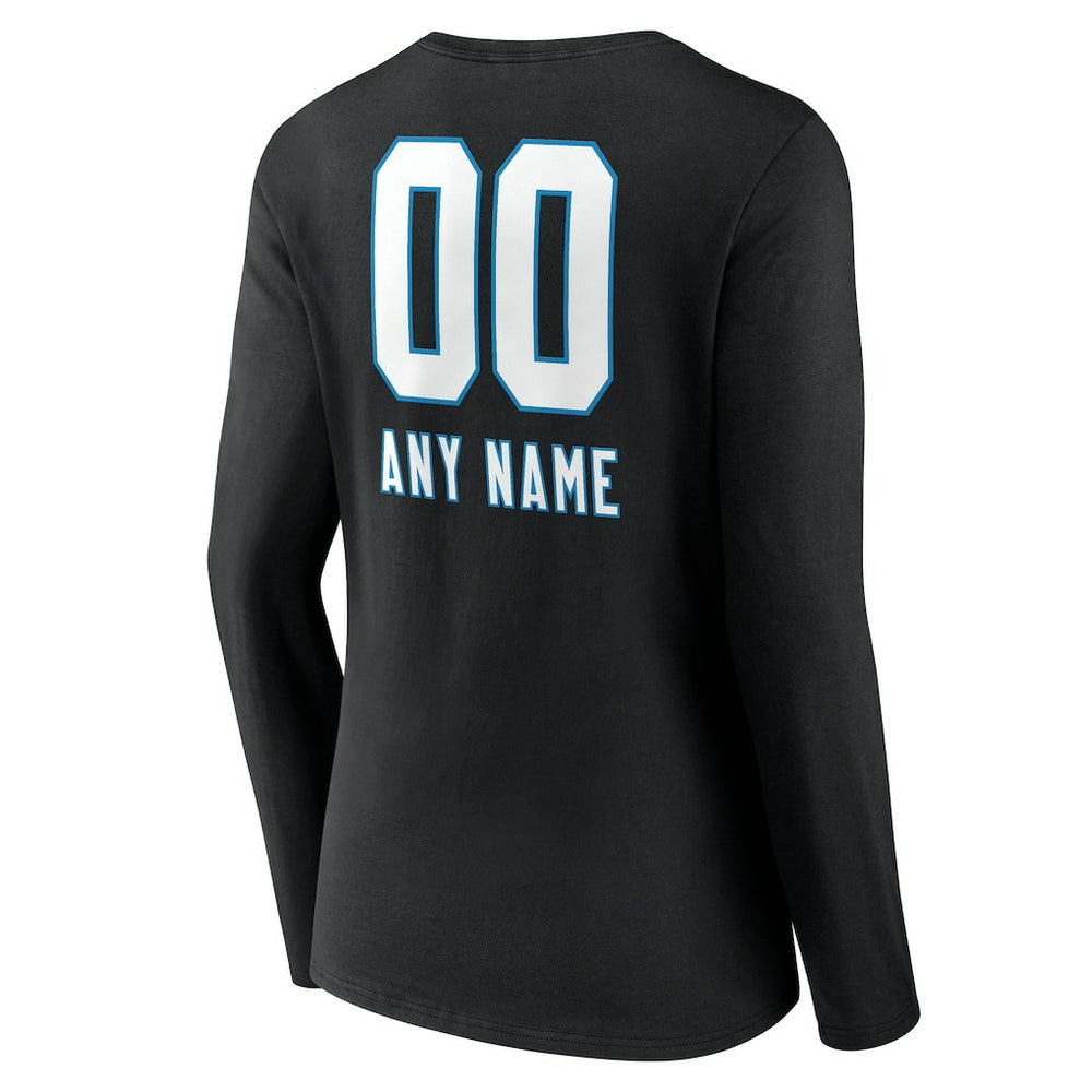 Women's Personalized Name & Number Team Wordmark Long Sleeve V-Neck T-Shirt - Carolina Panthers